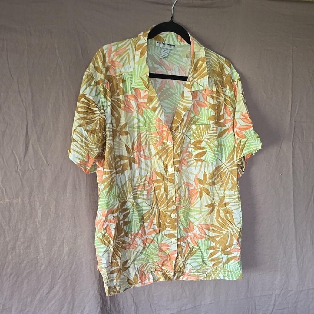 Cathy Daniels Green and Orange Casual Button Down Shirt with Tropical Flair